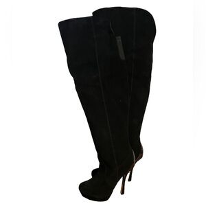 H by Halston Vintage Black Leather Suede over the Knee Platform Heel Boots 7.5